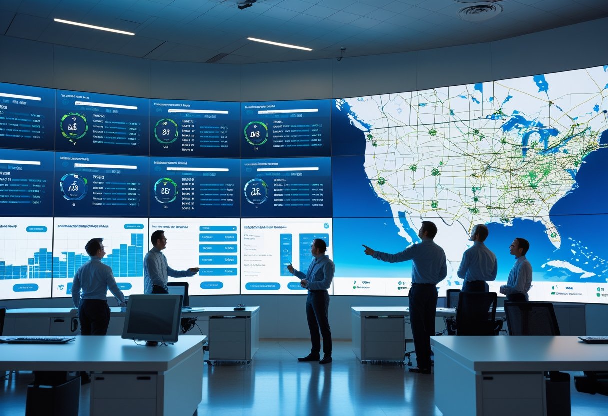 A control room with professionals monitoring multiple large screens showing vehicle locations, data graphs, and maps related to fleet management.