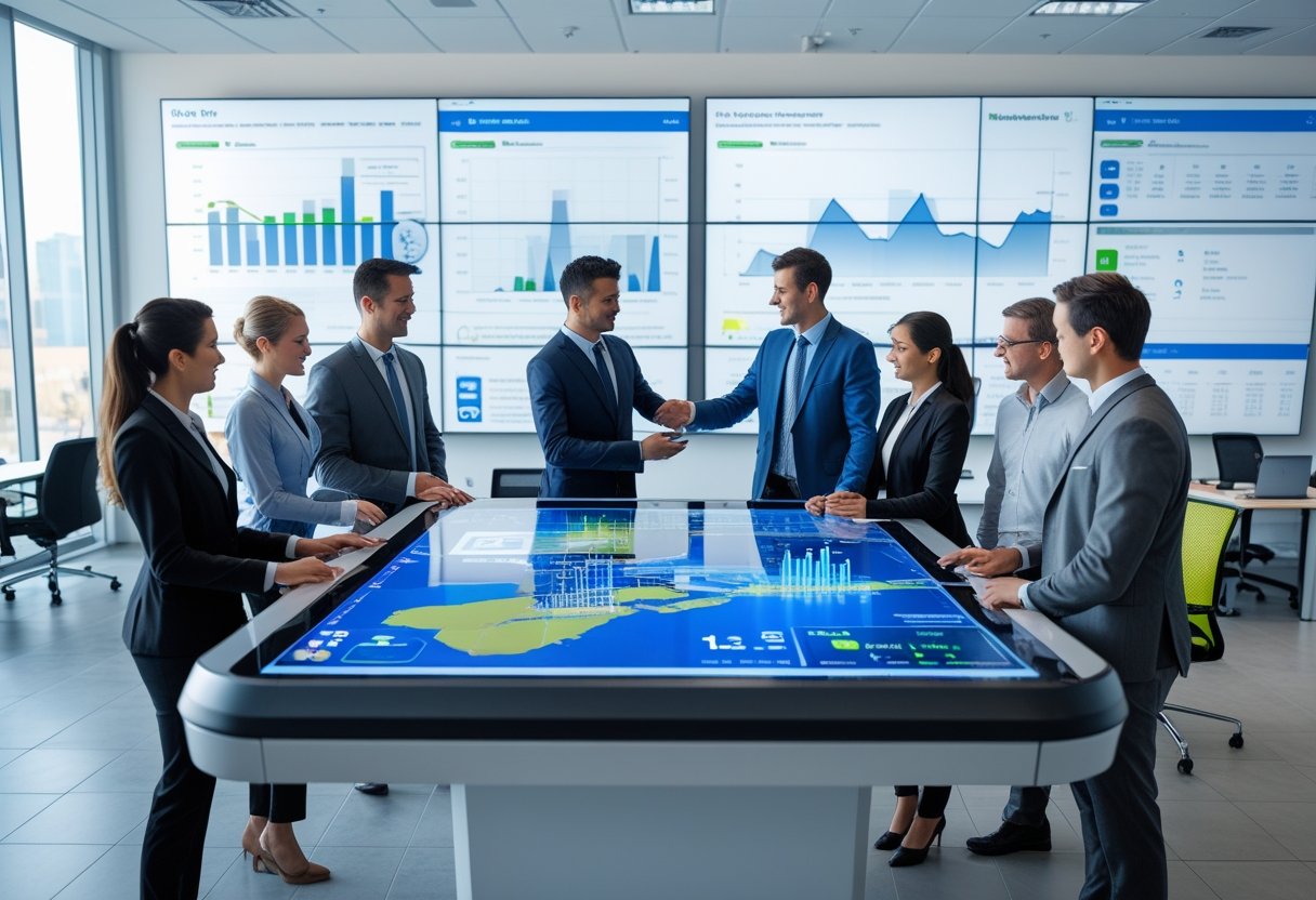 Business professionals collaborating around a digital table displaying vehicle tracking data in a modern office with large screens showing fleet management information.
