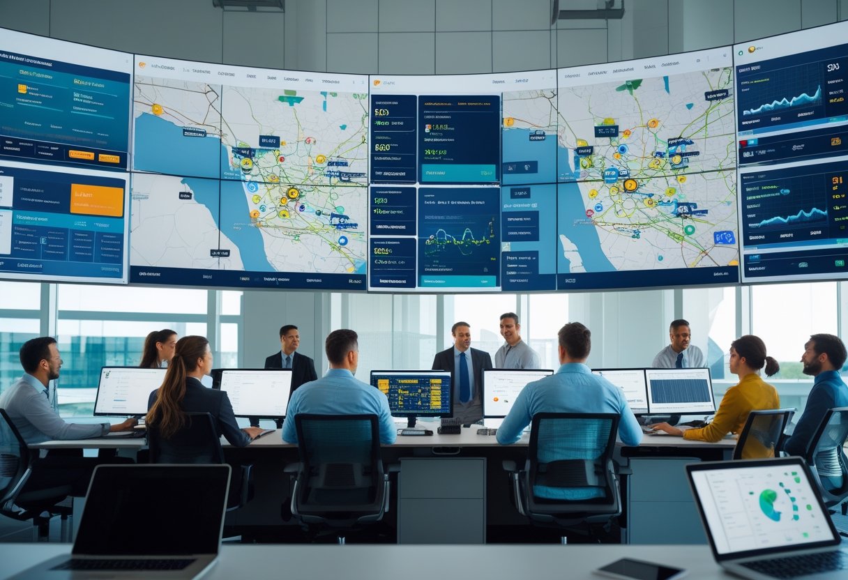 A team of professionals in a modern office analyzing real-time vehicle telematics data on large digital screens showing maps and performance metrics.