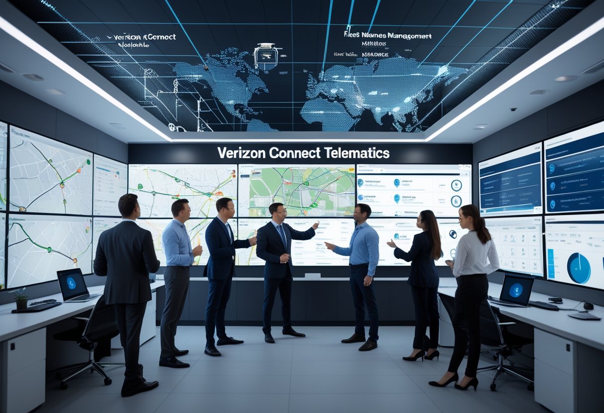 A group of professionals in a modern office analyzing digital screens showing vehicle tracking maps and fleet data.