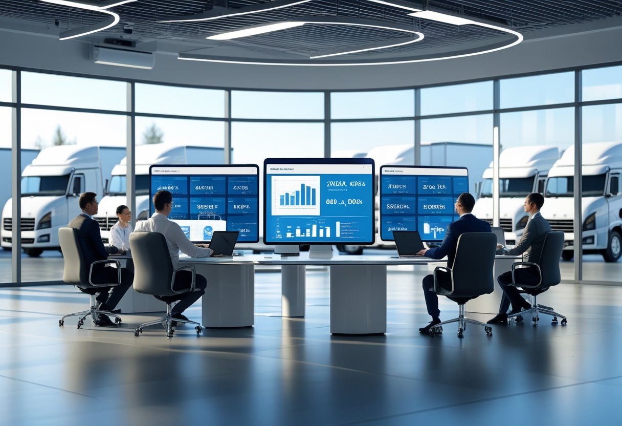 A team of professionals in an office analyzing digital screens with vehicle fleet data, with trucks and vans parked outside a large window.