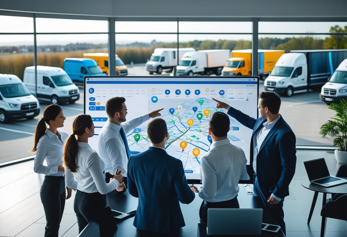 A team of professionals in an office using a large digital map to manage a fleet of commercial vehicles visible outside the window.