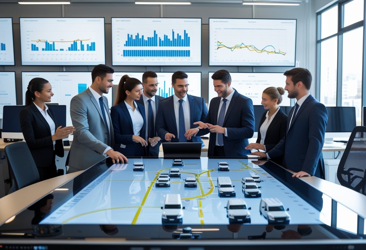 A team of professionals collaborating around a digital table displaying vehicle routes and fleet data in a bright modern office.