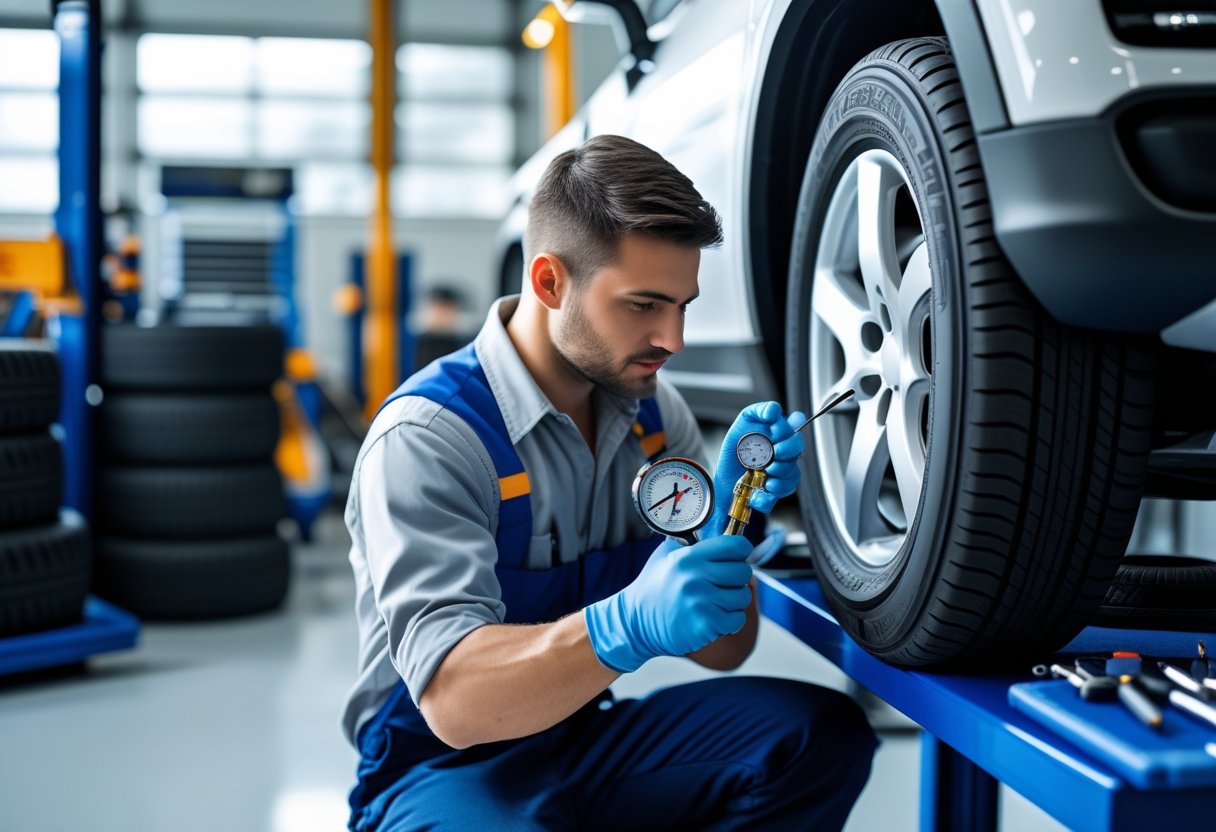 A mechanic inspecting a car tire with tools in a clean automotive workshop.