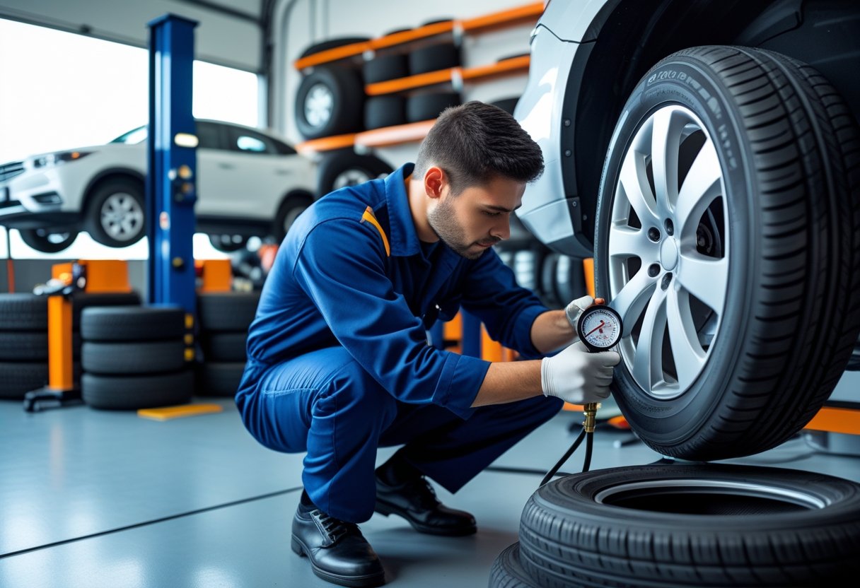 A mechanic inspecting a car tire in an automotive workshop with tire maintenance tools and tires visible in the background.