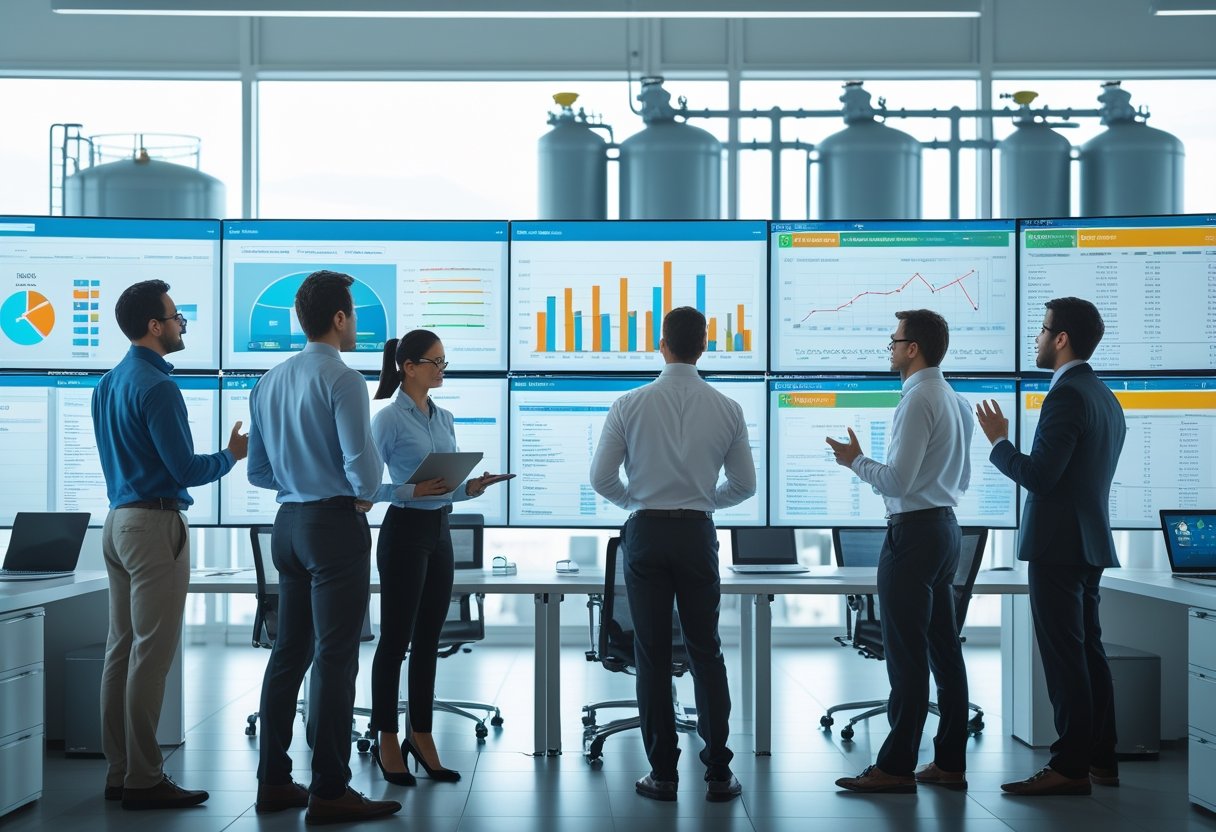 A group of professionals analyzing digital dashboards and data charts related to fuel systems in a modern office setting.