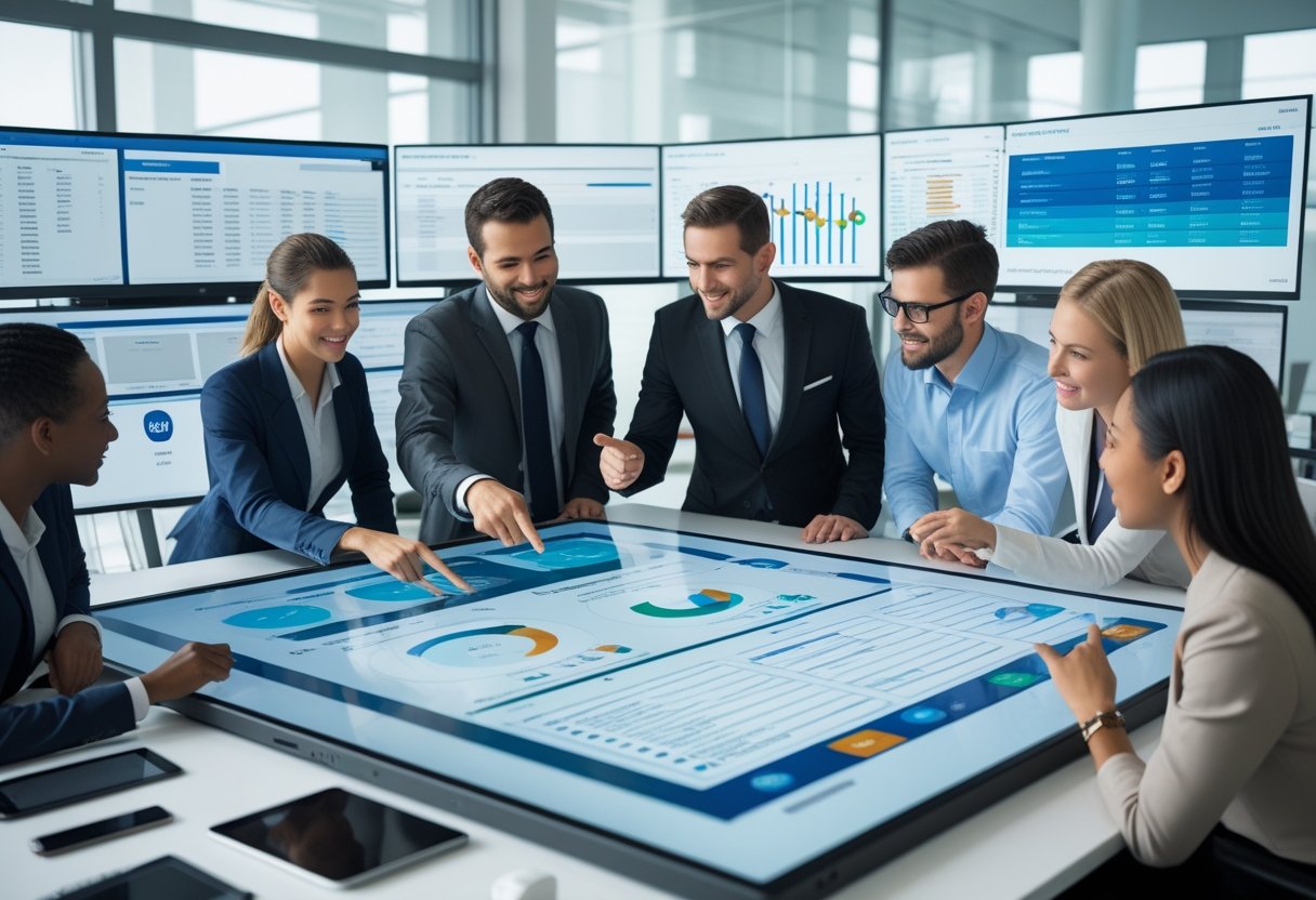 Business professionals collaborating around a digital touchscreen table displaying fleet management data and maps in a modern office.