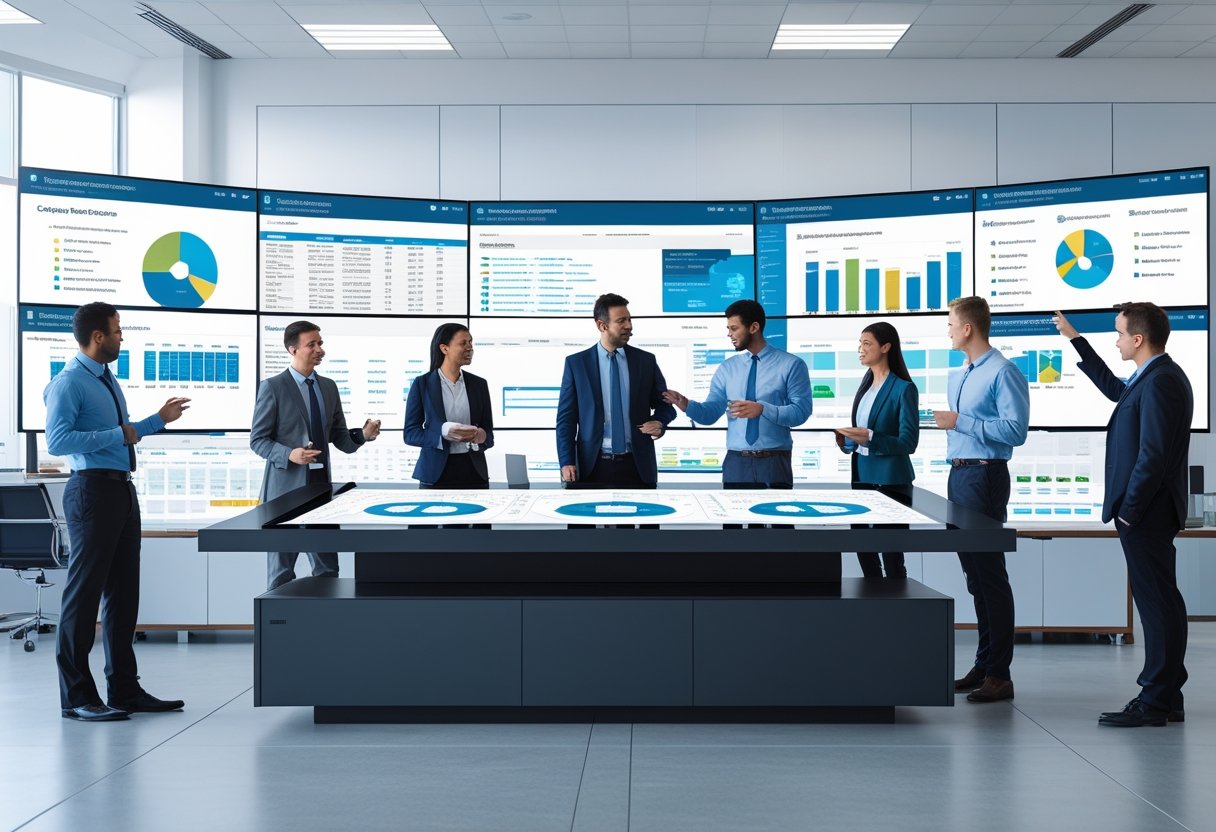 Business professionals collaborating around digital screens displaying fleet management data in a modern office.