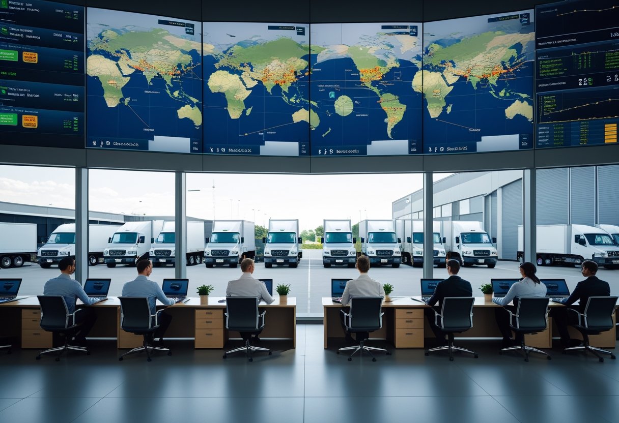 A team of professionals monitoring vehicle routes and fleet operations in a logistics control center with trucks visible outside.