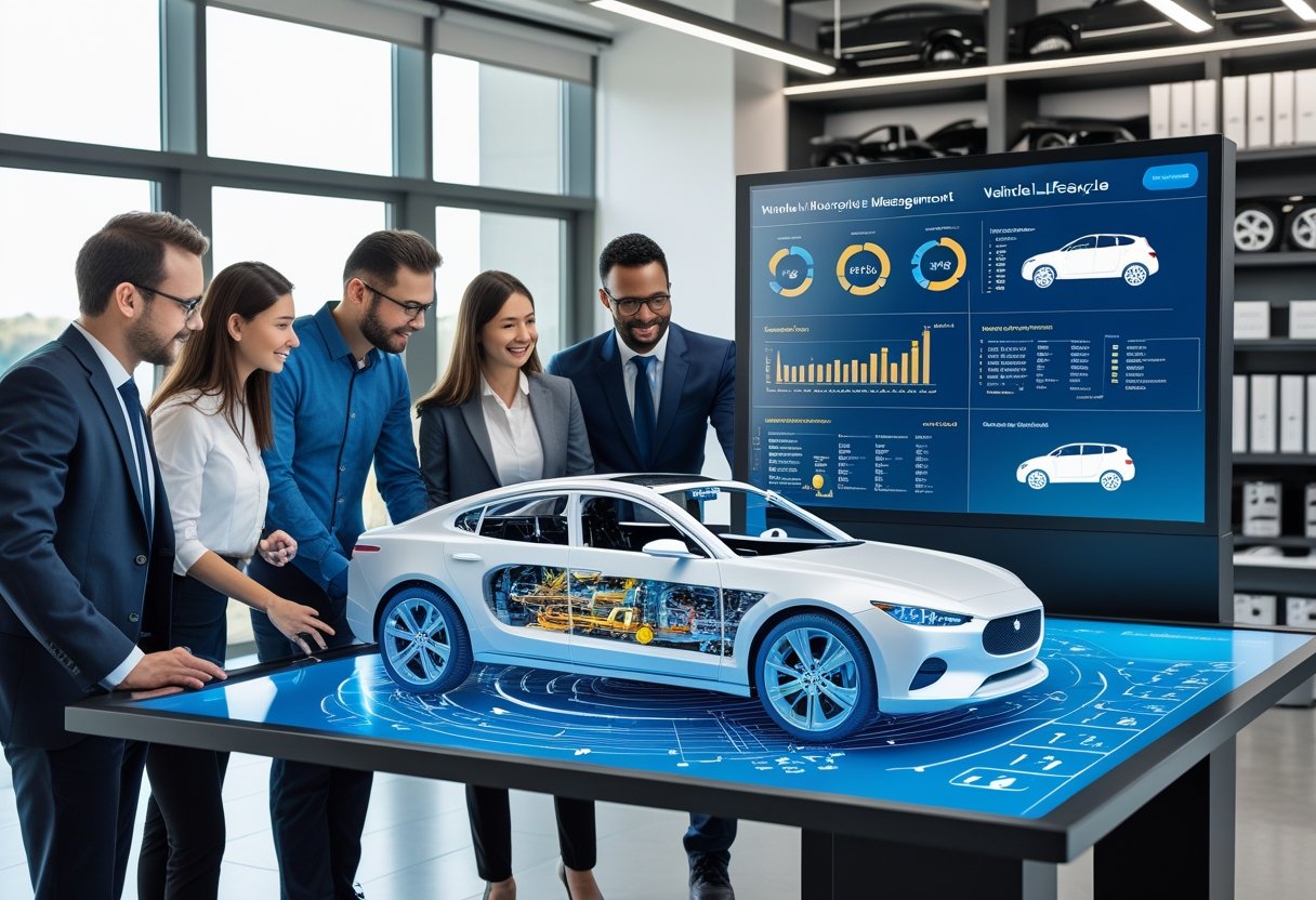 A group of professionals gathered around a digital table displaying a 3D car model and data charts in a bright office.