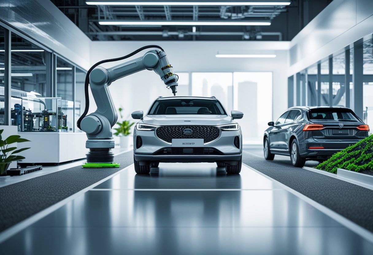 A sequence showing a car being manufactured, displayed in a showroom, driven on a city road, and recycled at an eco-friendly facility.