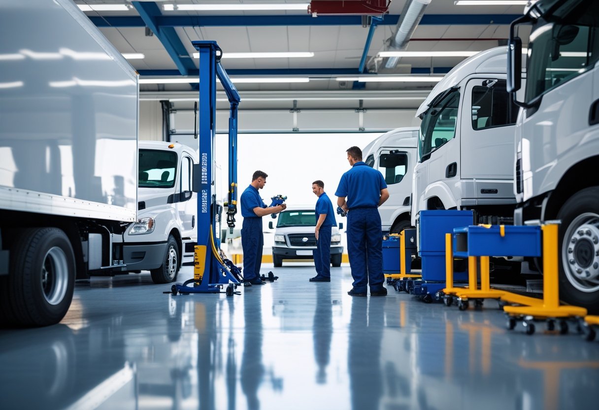 Mechanics inspecting and servicing commercial trucks inside a clean vehicle maintenance garage.