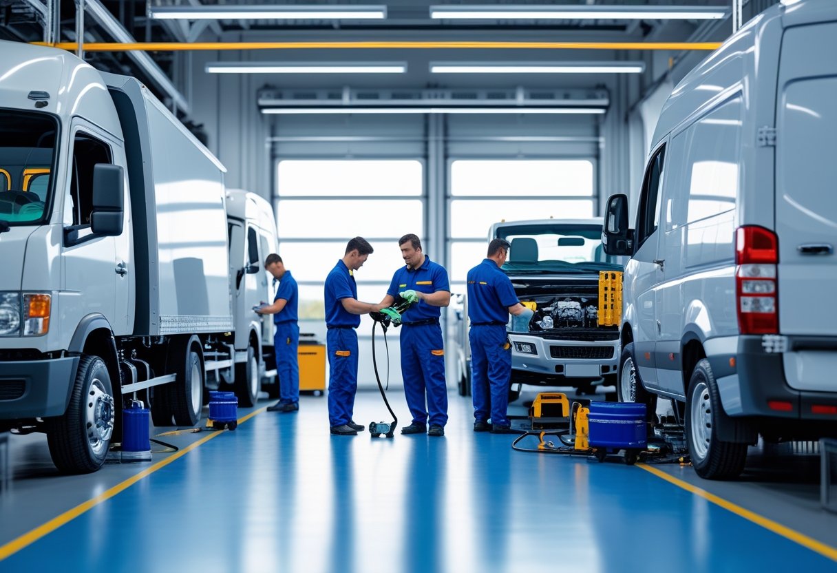 Technicians servicing fleet trucks and vans in a clean and organized vehicle maintenance workshop.