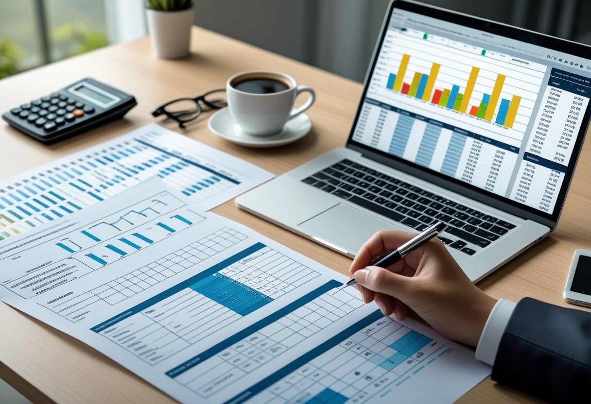 A workspace with gas log sheets spread on a desk, a laptop showing charts, and a hand holding a pen reviewing the documents.