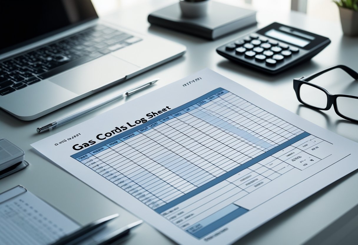 A desk with a printed gas log sheet, pen, calculator, glasses, and a laptop in an office setting.