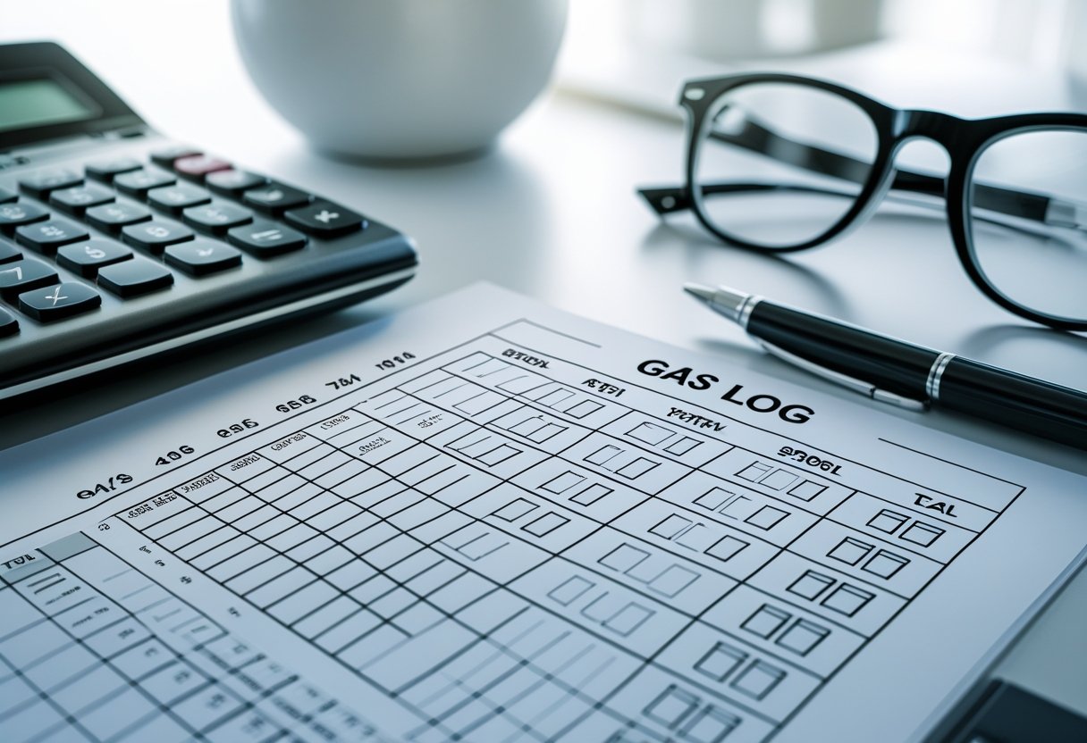 A close-up of a gas log sheet on a desk with a pen, calculator, and reading glasses nearby.