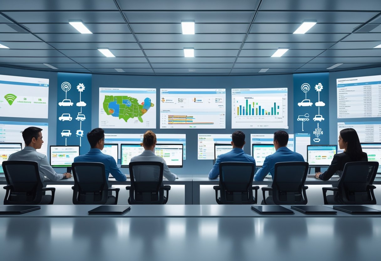 A team of professionals monitoring real-time vehicle data and maps in a modern fleet management control center.