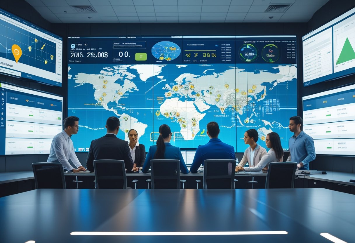 A team of professionals monitoring live vehicle locations and route data on large digital screens in a modern control room.