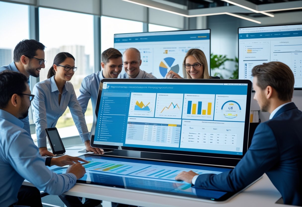 A team of professionals collaborating around a digital touchscreen table displaying equipment management software dashboards in a modern office.
