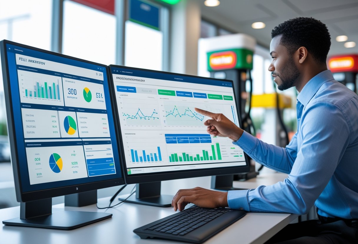 A person using a computer with multiple screens showing fuel management data in a modern office near a gas station.