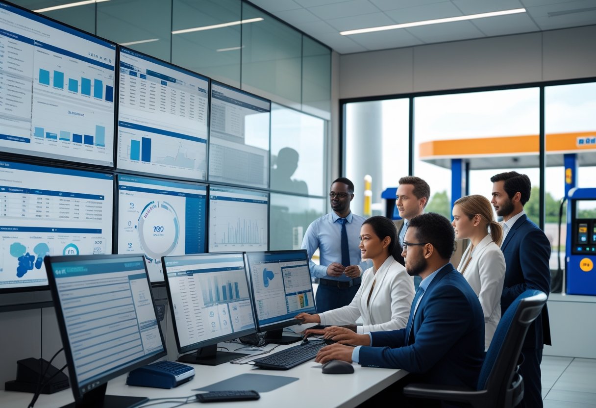A team of professionals monitoring fuel management software on multiple computer screens in a control room overlooking a retail fuel station.