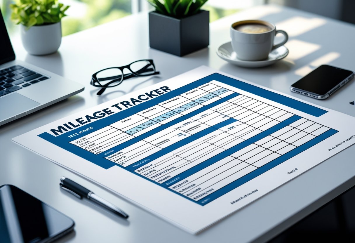 A desk with a mileage tracker template, laptop, pen, glasses, smartphone, and coffee cup in a bright workspace.