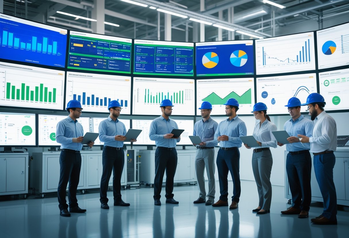A team of engineers and technicians discussing data in a modern control room with digital screens and industrial equipment.