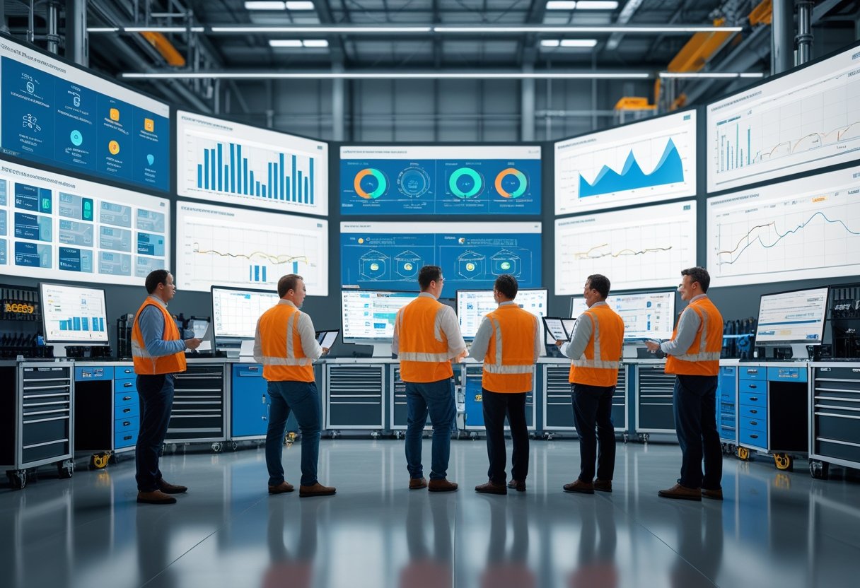A team of engineers and technicians in a control room analyzing maintenance system data on screens and devices.