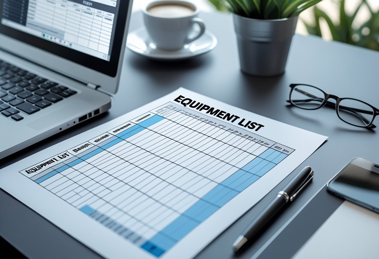 A clean desk with a laptop, printed equipment list, pen, glasses, and office items arranged neatly.