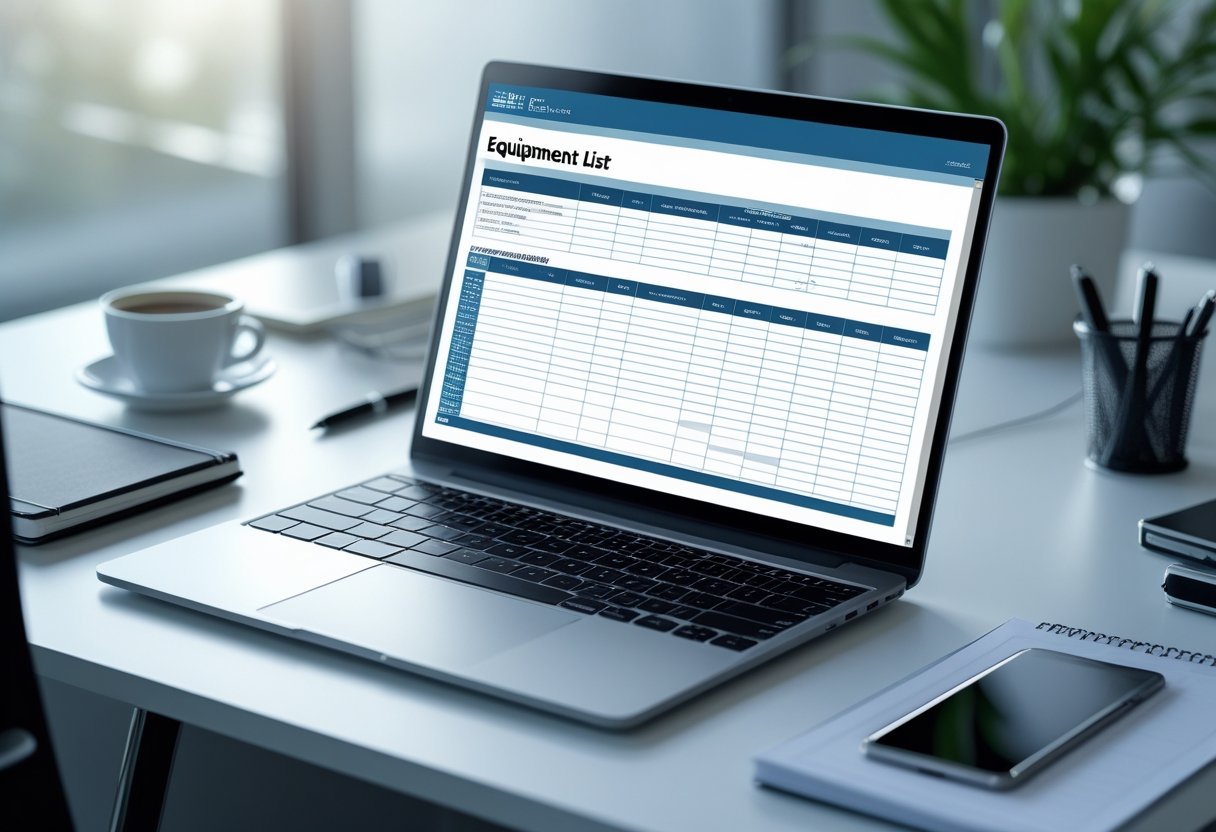 A workspace with a laptop showing an organized equipment list template on the screen, surrounded by office supplies on a desk.