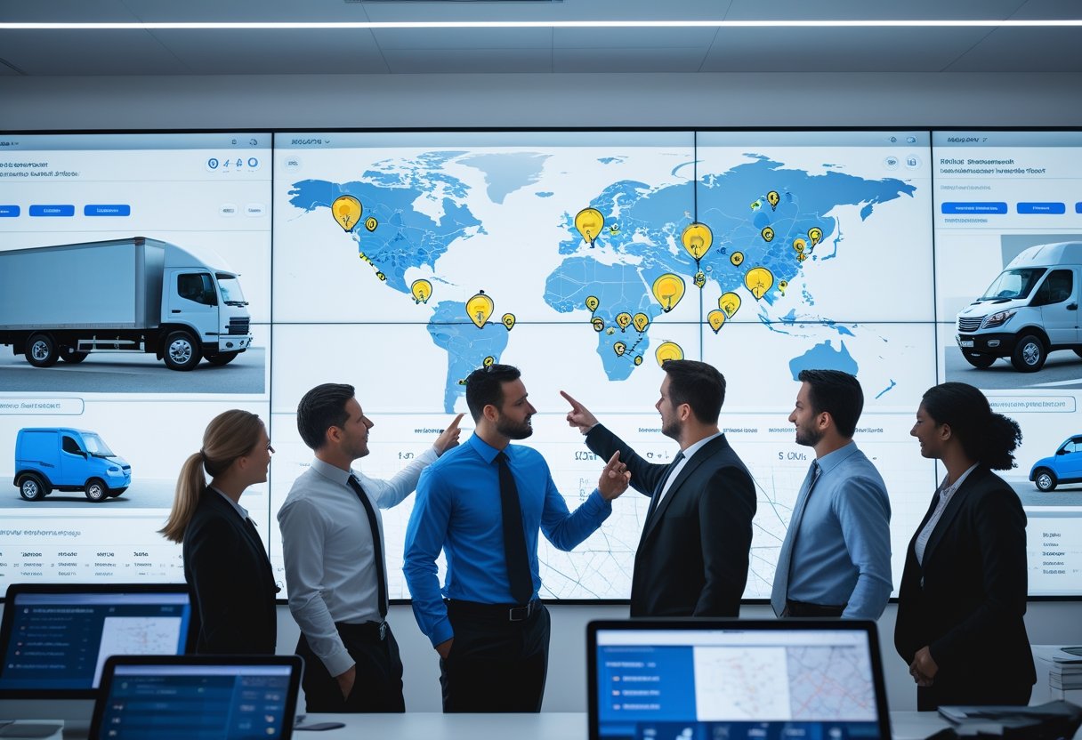 A team of professionals in an office looking at large digital screens showing maps and vehicle locations for fleet management.