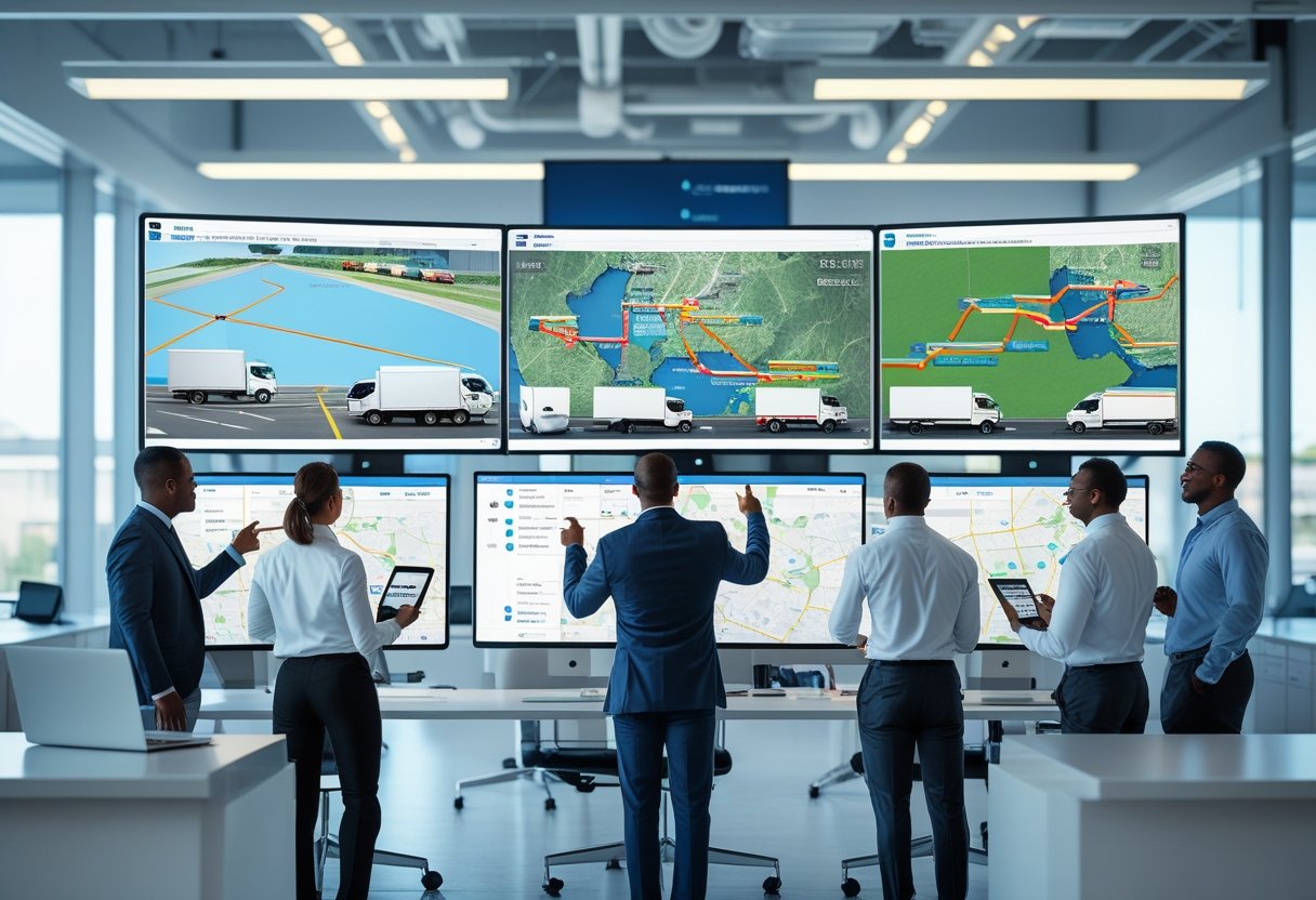 A team of professionals in an office analyzing vehicle routes and tracking data on multiple computer screens.