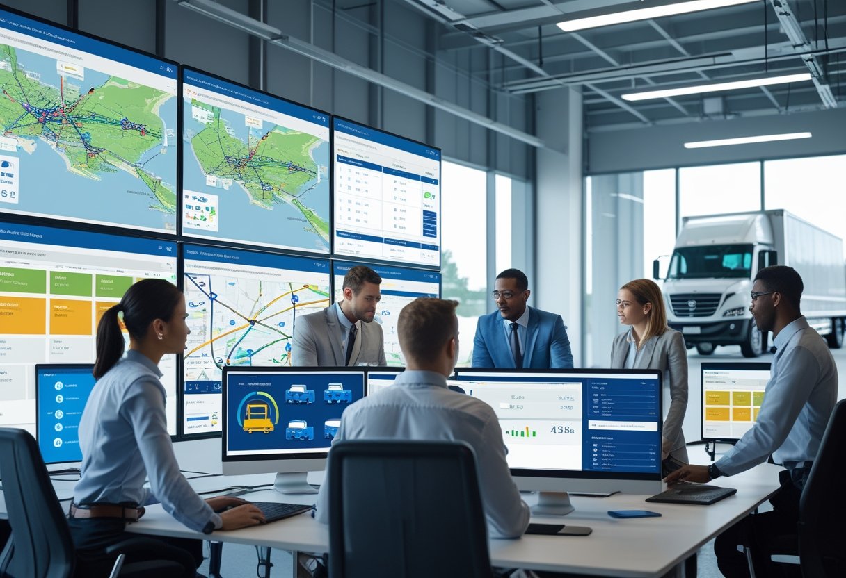 A team of professionals monitoring vehicle routes and data on multiple computer screens in a modern office.