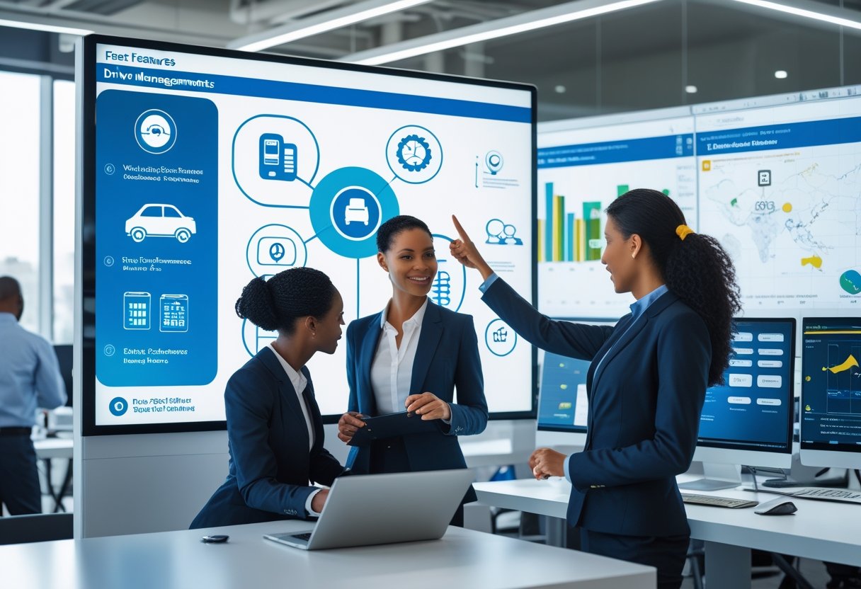 Professionals collaborating around a digital touchscreen displaying driver management software features in an office.