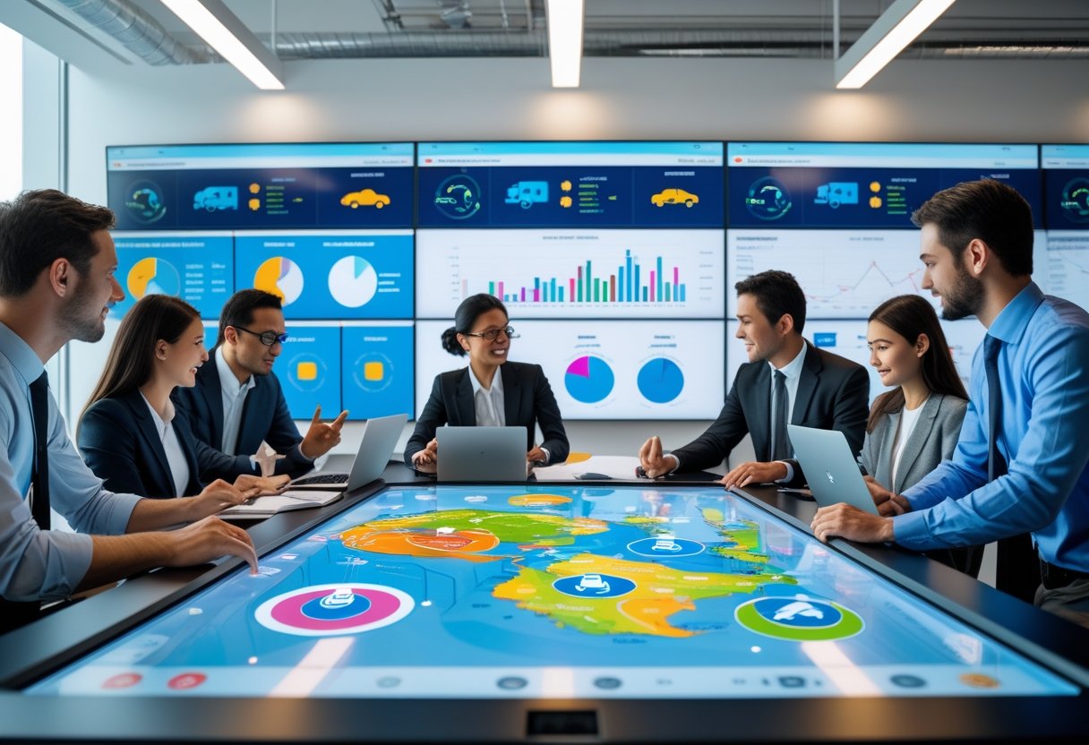 Business professionals collaborating around a digital touchscreen table displaying maps and vehicle data in a modern office.