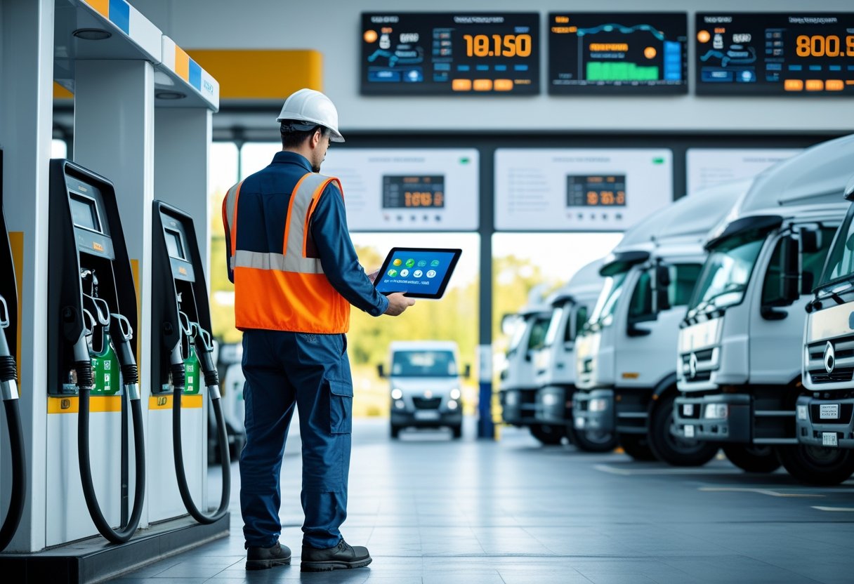 A technician inspects a digital fuel management system at a modern fuel station with commercial vehicles and monitors displaying fuel data.
