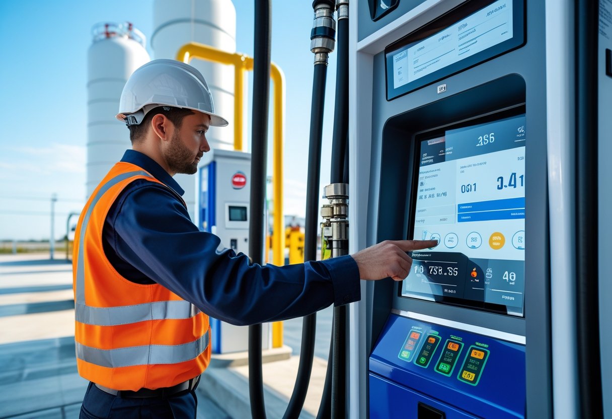Technician monitoring a digital fuel dispenser and fuel tanks at a fuel station.