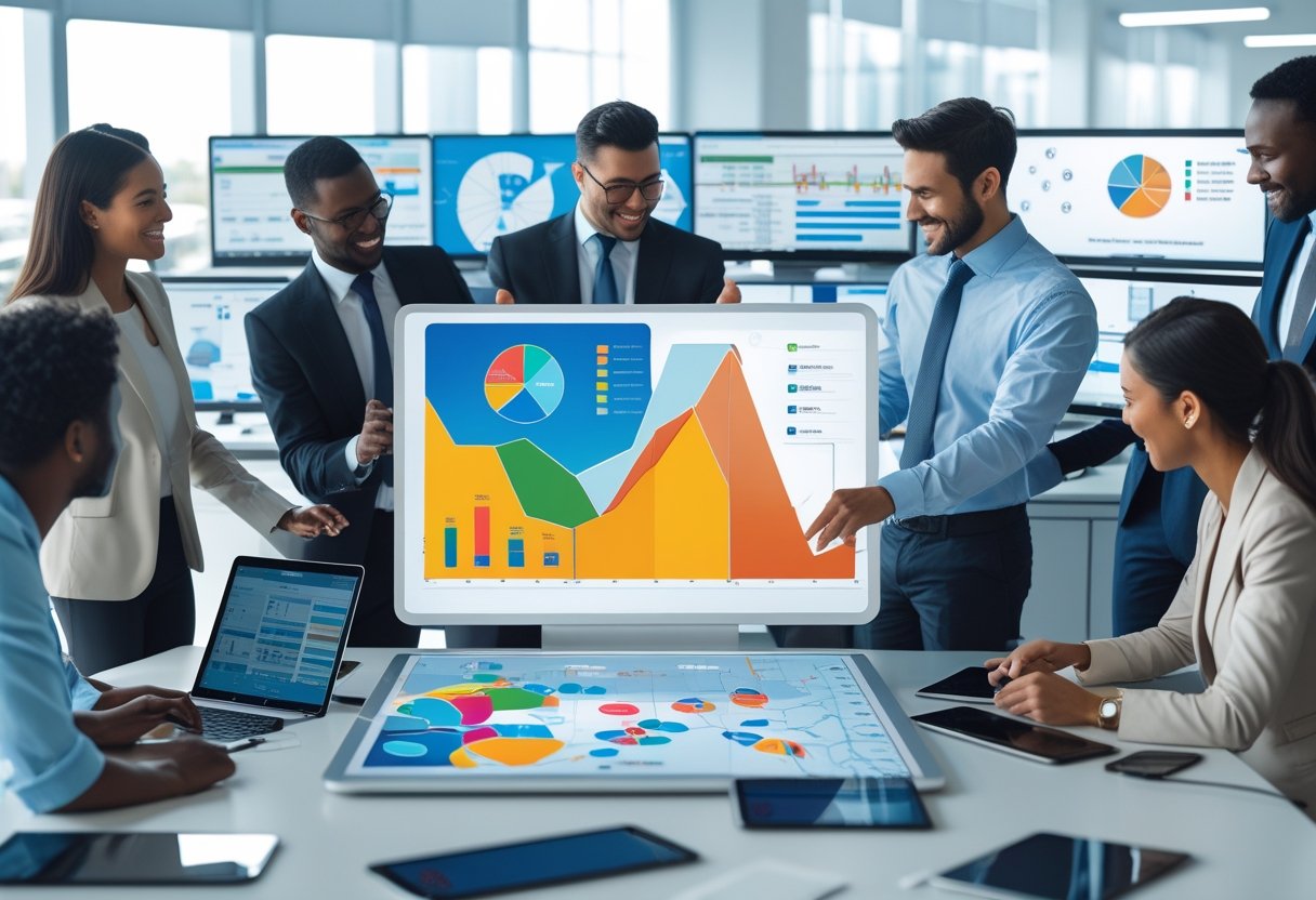 Business professionals collaborating around a digital touchscreen table displaying fuel management data and vehicle tracking maps in a modern office.