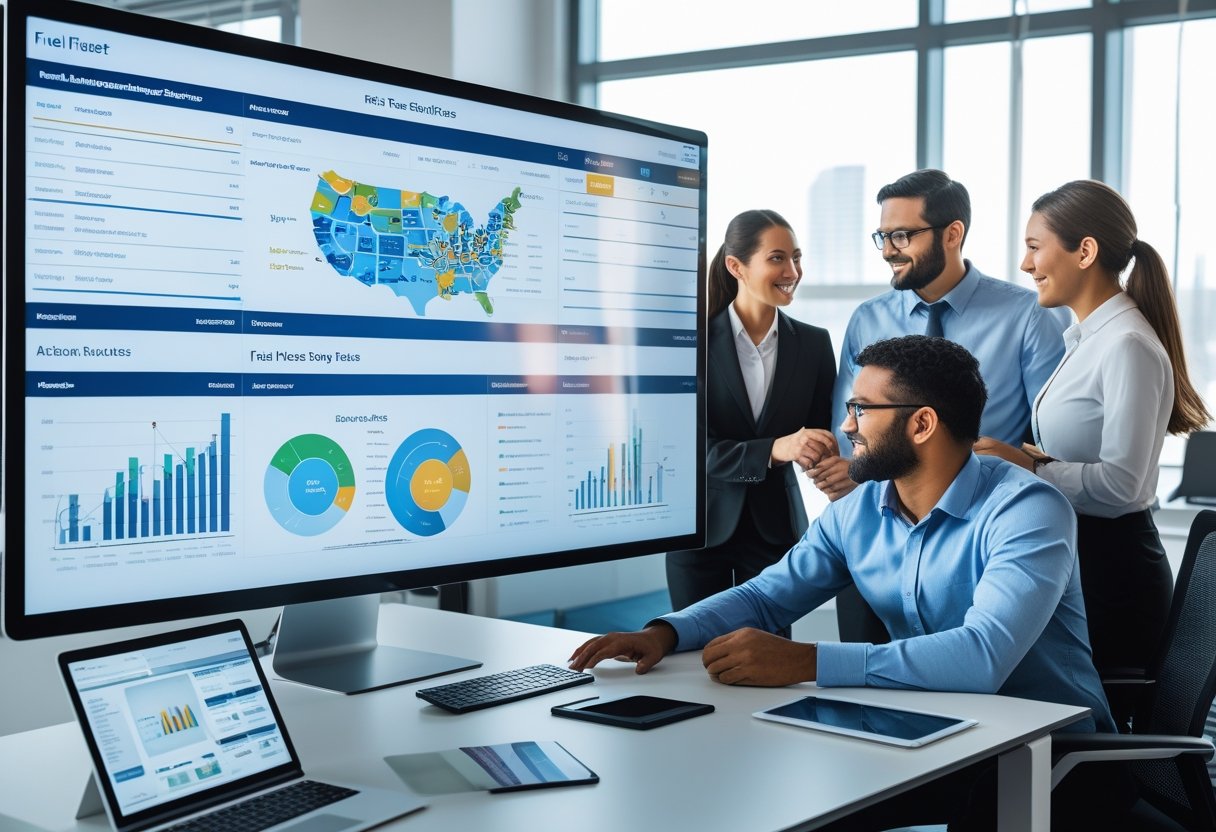 Business professionals collaborating around a digital touchscreen displaying fleet fuel management data in a bright office.