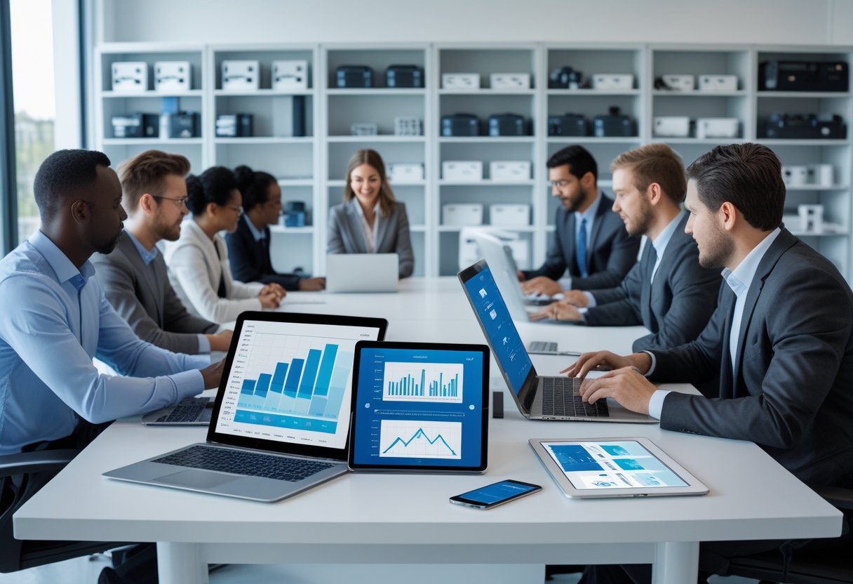 Business professionals collaborating in an office with digital devices and organized shelves of equipment in the background.