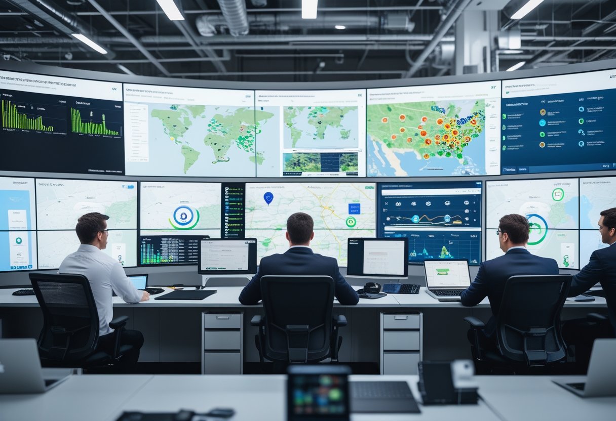 Professionals monitoring digital maps and data in a fleet management control room.