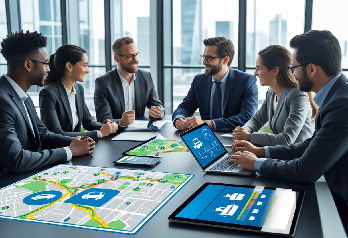 A group of business professionals in a meeting room reviewing digital maps and data on screens related to fleet tracking and management.