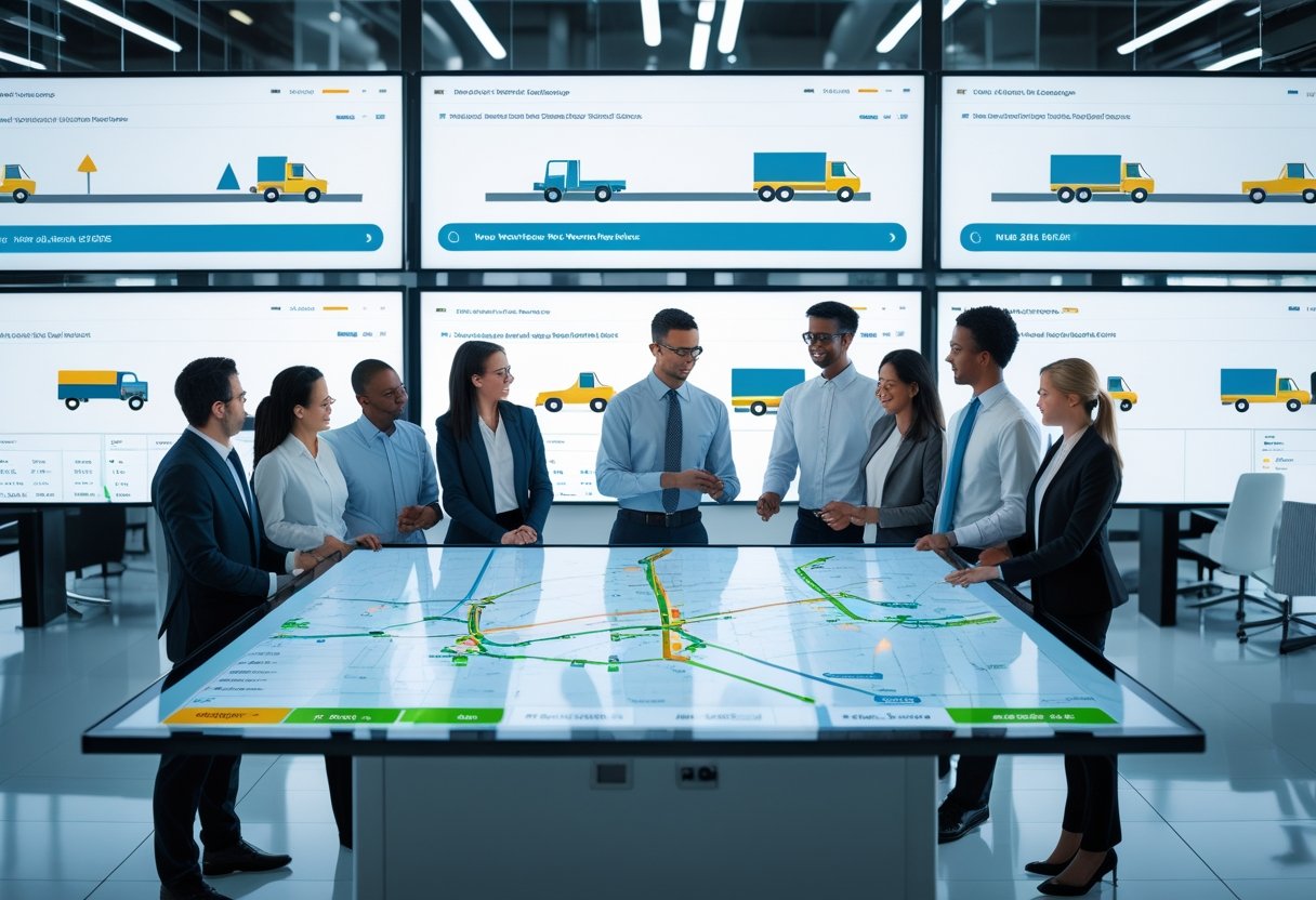 Business professionals collaborating around a digital touchscreen table displaying maps and vehicle routes in a modern office with large monitors showing fleet tracking data.