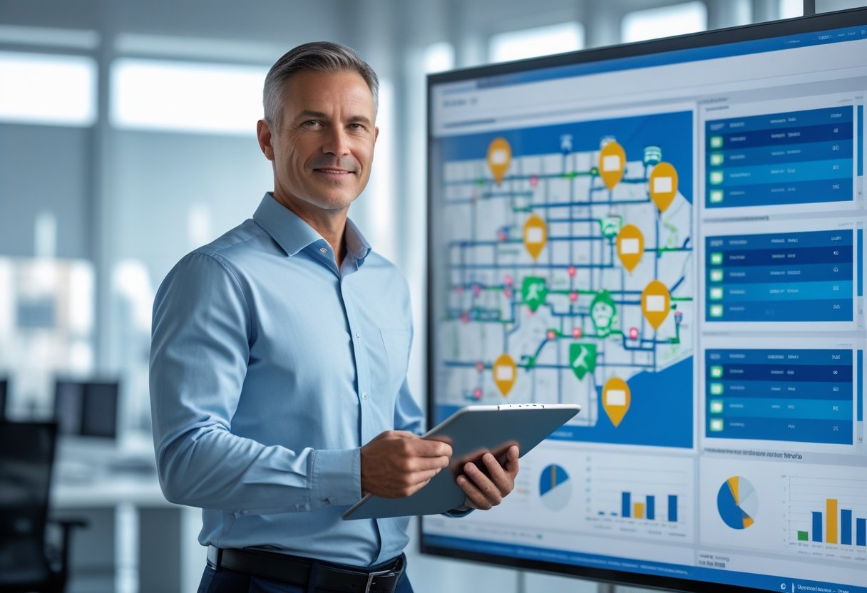 A fleet manager standing in an office, looking at a digital map with vehicle routes on a large screen, holding a tablet.