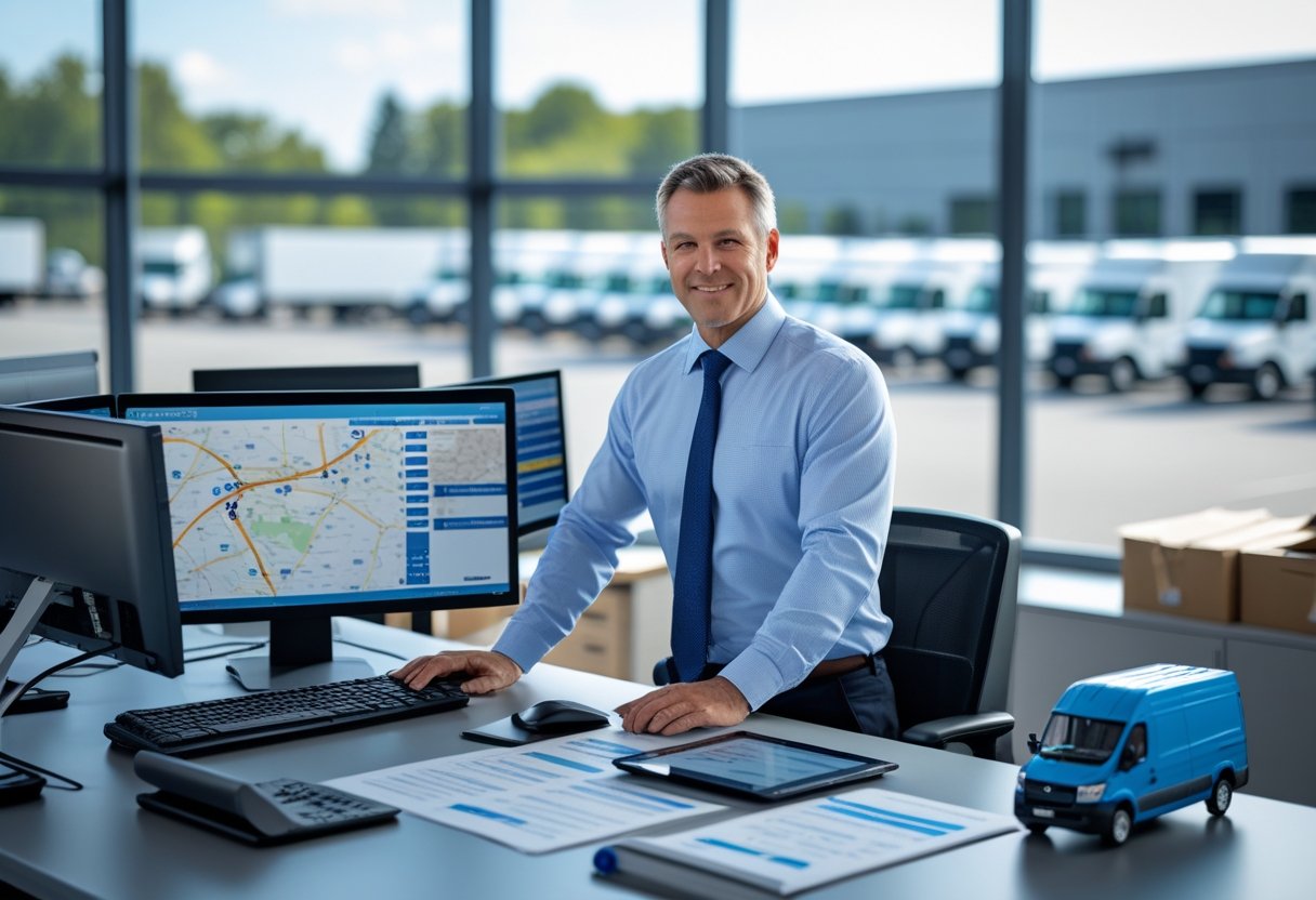 A fleet manager working at a desk with multiple screens showing vehicle tracking data and maps, with commercial vehicles visible outside the office window.