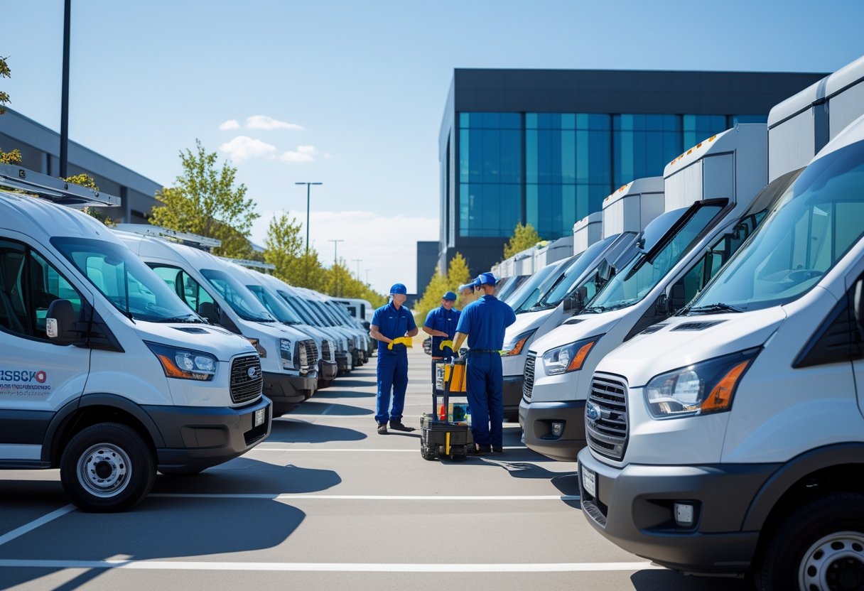 A row of service vans and trucks parked with uniformed technicians loading equipment in an urban setting.