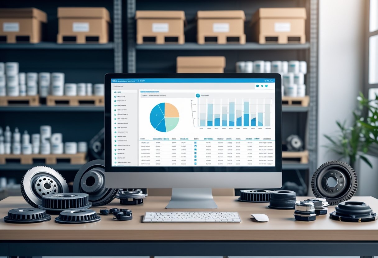 A workspace with a computer showing inventory software surrounded by various auto parts and organized shelves in the background.