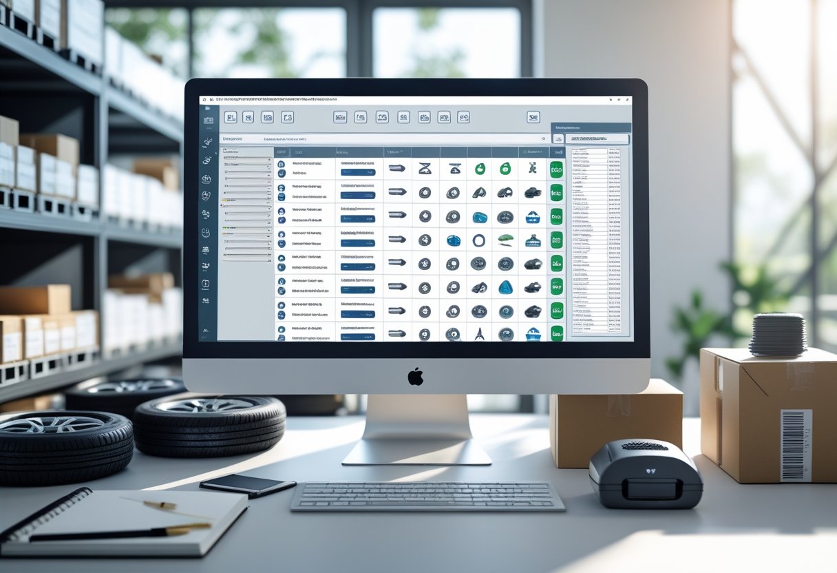 A computer monitor on a desk displaying auto parts inventory software with various car parts and tools arranged nearby.