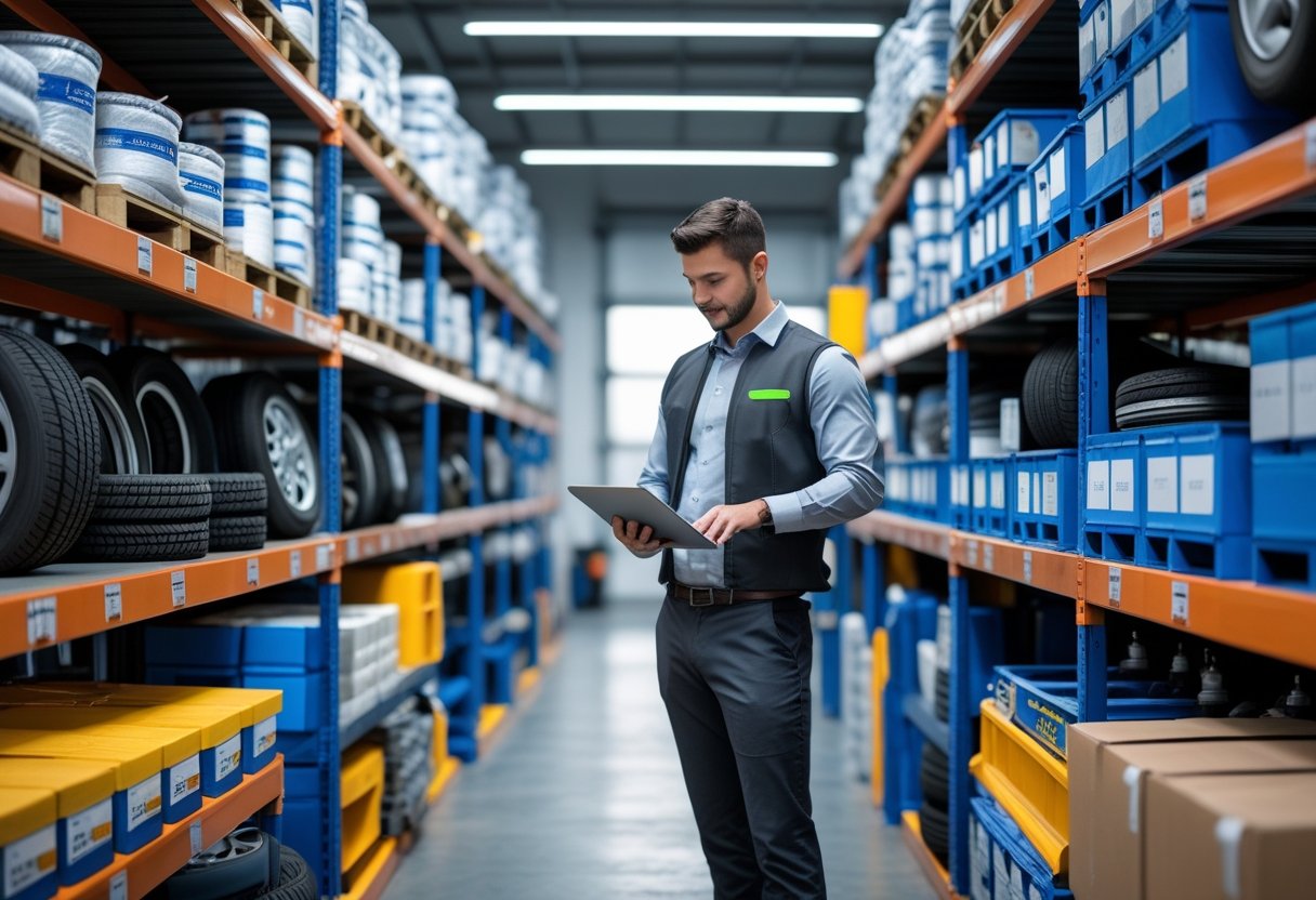 Person using a tablet to manage organized auto parts inventory in a well-lit warehouse.