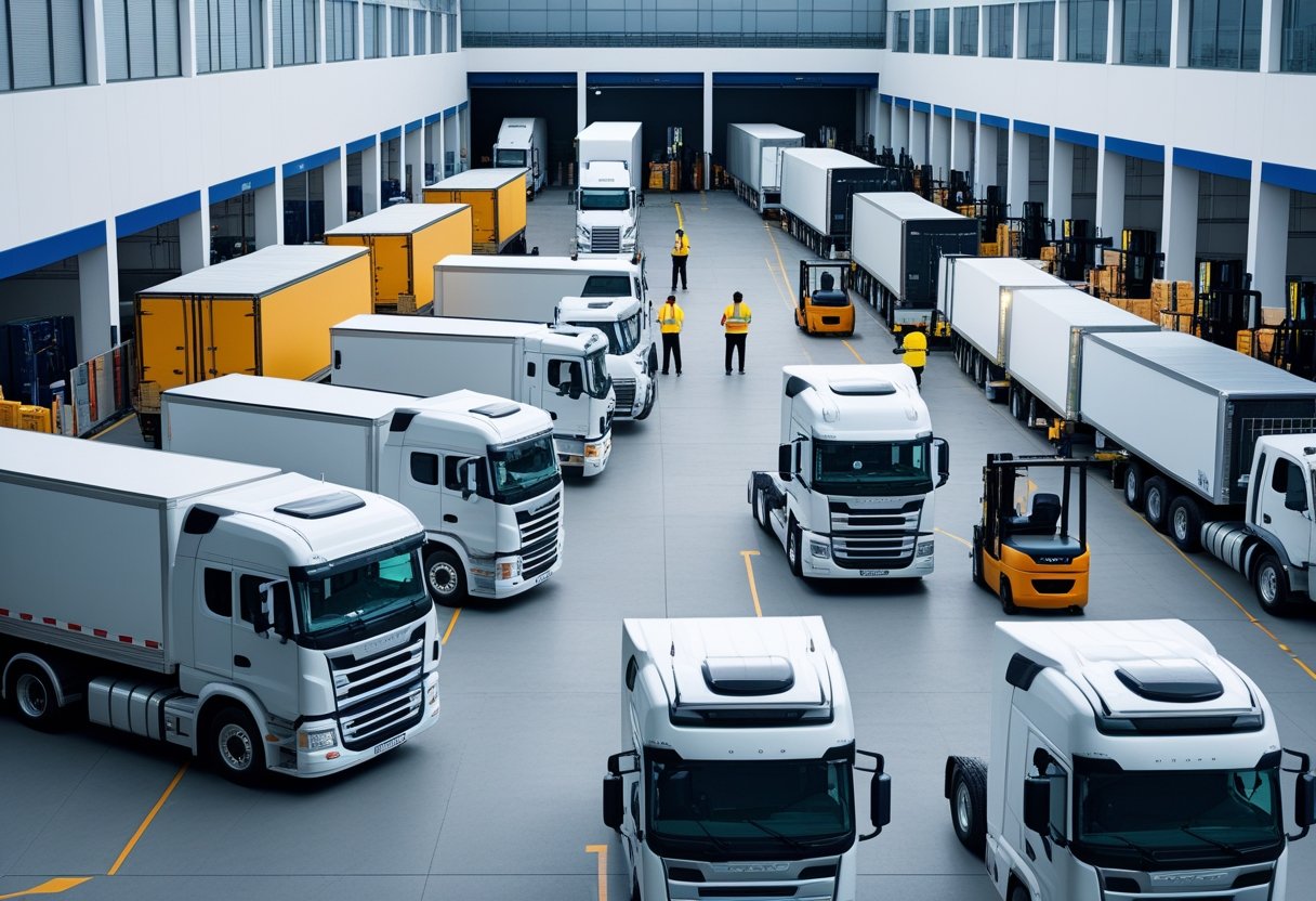 A logistics hub with various trucks, warehouse loading docks, and workers coordinating shipments.